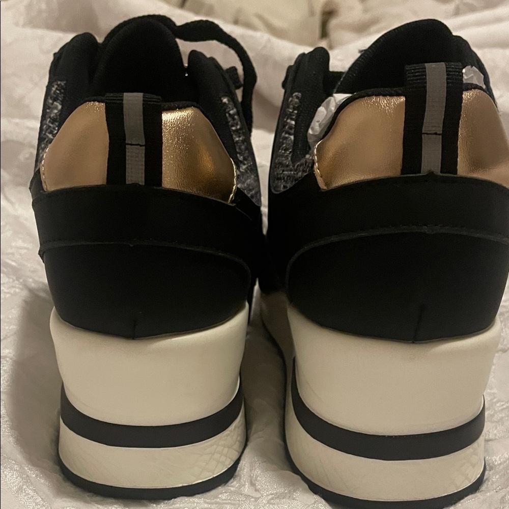 Women's Black and Gold Wedge Athletic Shoes - Picture 5 of 6